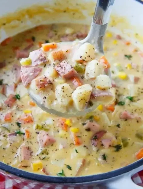 Chaudrée de Jambon Fumé, Pommes de Terre et Maïs – Un Régal Réconfortant