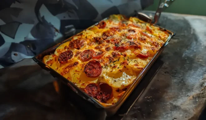 Gratin de Pommes de Terre, Chorizo, Tomate et Béchamel