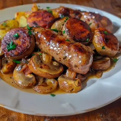 Saucisses, Champignons et Pommes de Terre au Four
