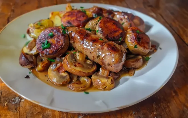 Saucisses, Champignons et Pommes de Terre au Four