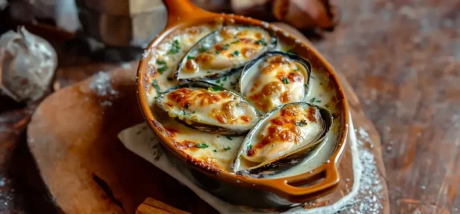 Cassolette de Moules Gratinées au Comté et Vin Blanc
