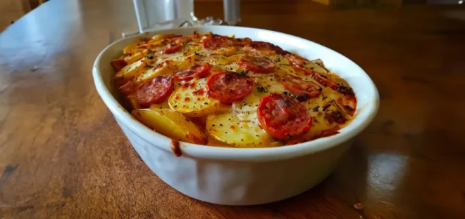 Gratin de Pommes de Terre, Chorizo, Tomate et Béchamel