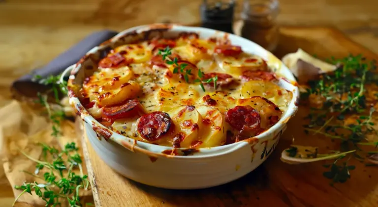 Gratin de Pommes de Terre, Chorizo, Tomate et Béchamel