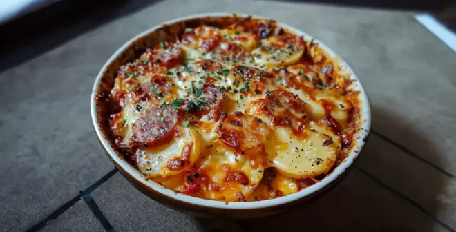 Gratin de Pommes de Terre avec Chorizo et Béchamel à la Tomate
