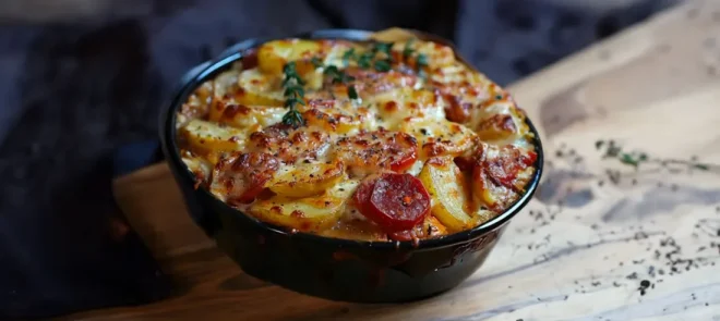 Gratin de Pommes de Terre, Chorizo, Tomate et Béchamel