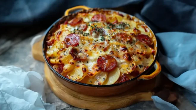 Gratin de Pommes de Terre, Chorizo, Tomate et Béchamel