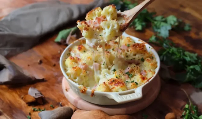 Gratin Réconfortant de Chou-Fleur, Pommes de Terre, Fromage et Jambon