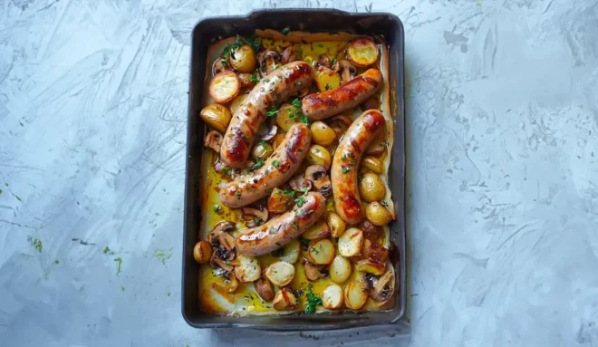 Ragoût Rustique de Saucisses, Champignons et Pommes de Terre Rôties