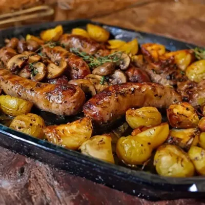 Saucisses, Champignons et Pommes de Terre au Four