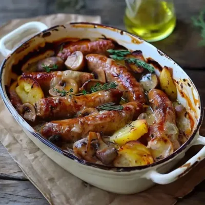 Saucisses, champignons et pommes de terre au four