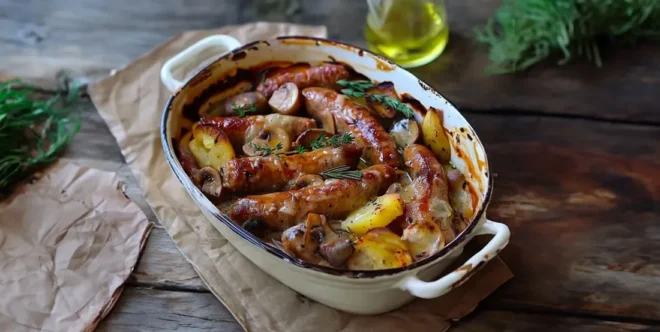 Saucisses, champignons et pommes de terre au four