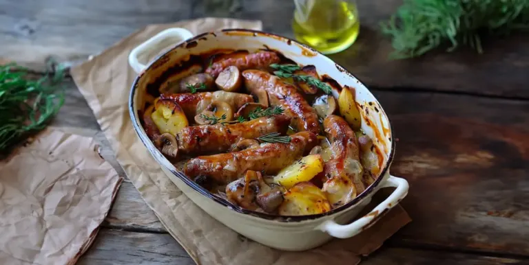 Saucisses, champignons et pommes de terre au four