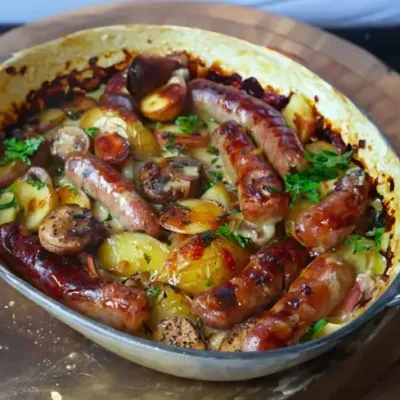 Saucisses, Champignons et Pommes de Terre au Four