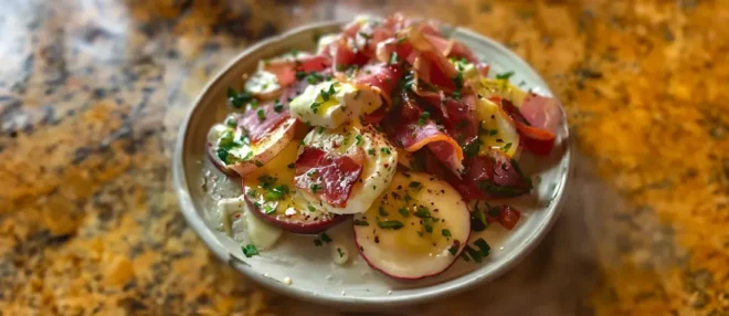 Harmonie Rustique : Salade de Pommes de Terre, Lardons, Œufs et Fromage de Chèvre