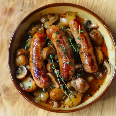 Saucisses, Champignons et Pommes de Terre au Four
