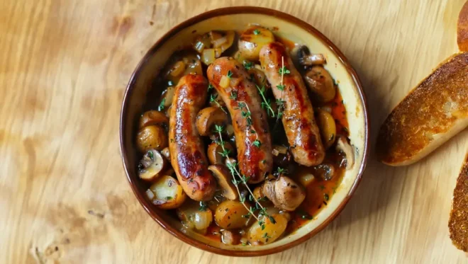 Saucisses, Champignons et Pommes de Terre au Four
