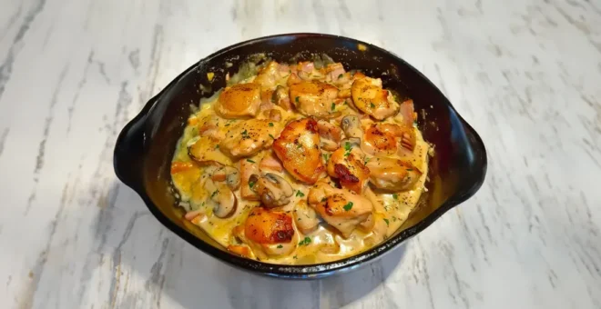 Émincés de Poulet Moutarde, Lardons et Champignons