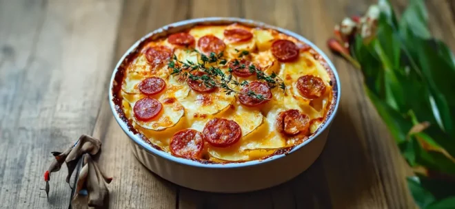 Gratin de Pommes de Terre, Chorizo et Béchamel à la Tomate