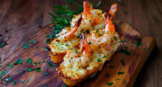Pain à l&rsquo;Ail au Fromage et Crevettes Grillées