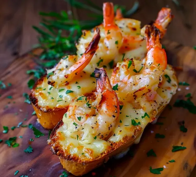 Pain à l’Ail au Fromage et Crevettes Grillées