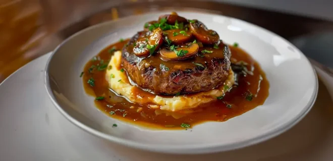 Salisbury Steaks avec Purée de Pommes de Terre à l’Ail et Sauce aux Champignons