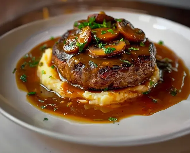 Salisbury Steaks avec Purée de Pommes de Terre à l’Ail et Sauce aux Champignons