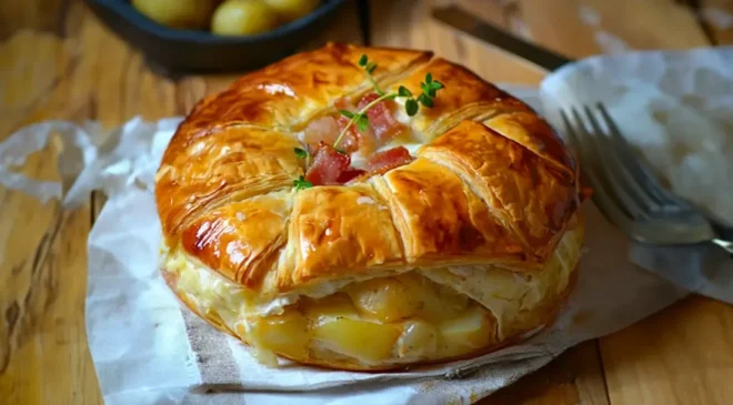 Camembert en Croûte Feuilletée aux Lardons et Pommes de Terre