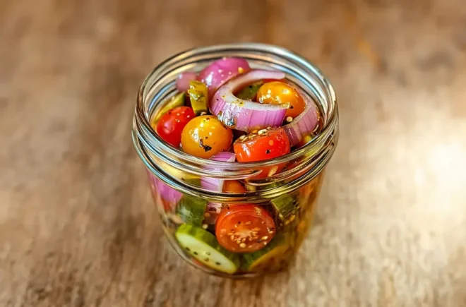 Tomates Cerises Marinées, Oignons Rouges et Concombres : Une Explosion de Fraîcheur