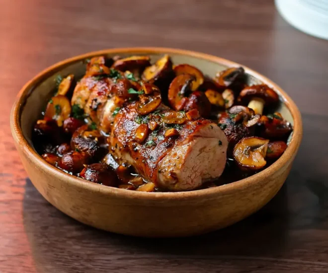 Filet mignon de porc au cidre, châtaignes et champignons persillés