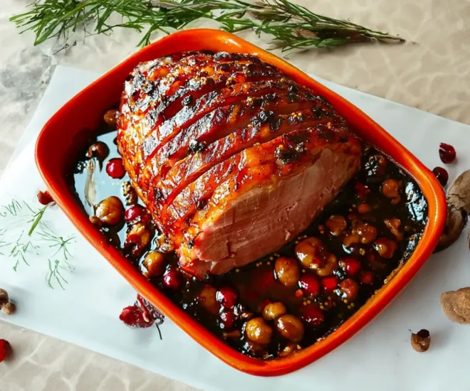 Jambon de Noël Rôti, Glacé au Miel et Parfumé aux Épices