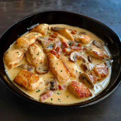 Poulet à la moutarde, lardons et champignons