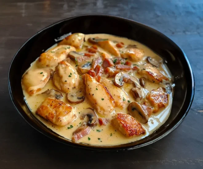 Poulet à la moutarde, lardons et champignons