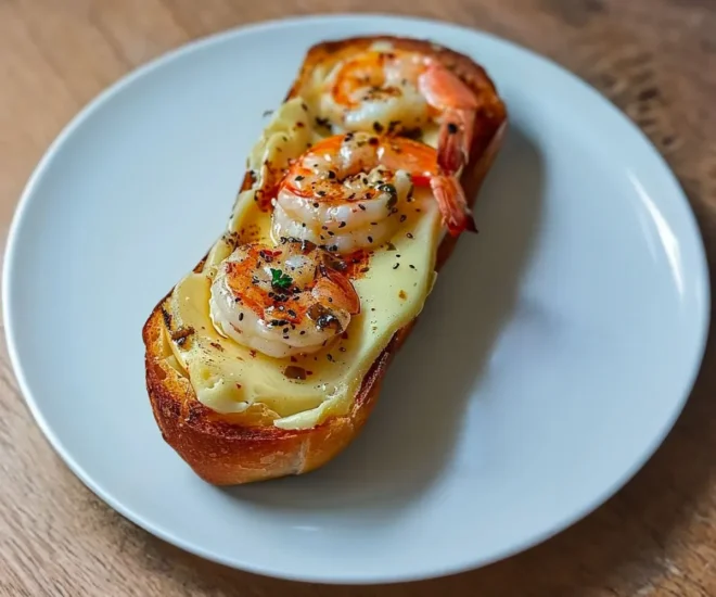 Sandwich au Fromage, Pain à l'Ail et Crevettes Grillées