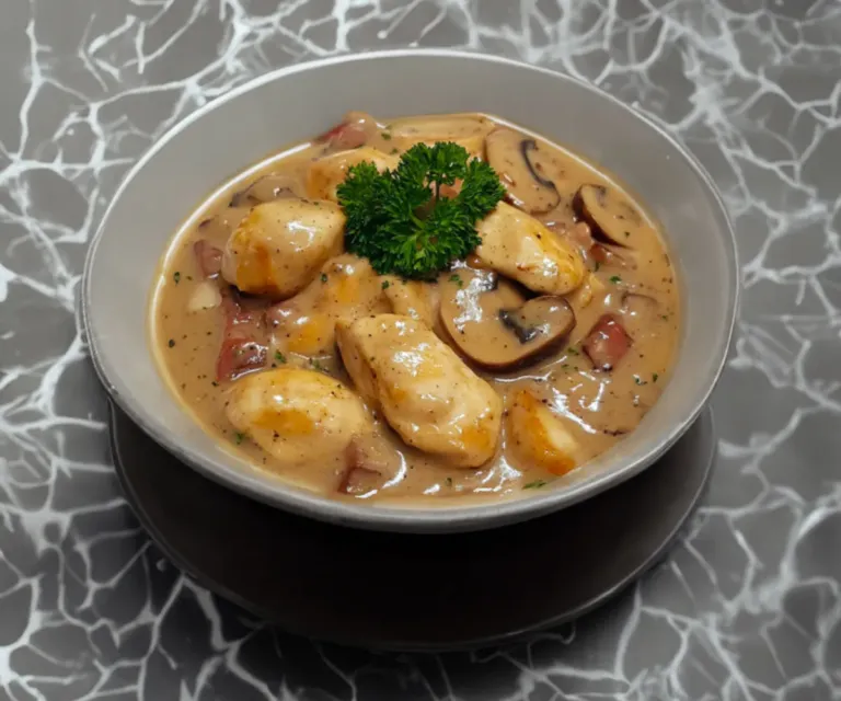 Poulet Crémeux à la Moutarde, Champignons et Lardons
