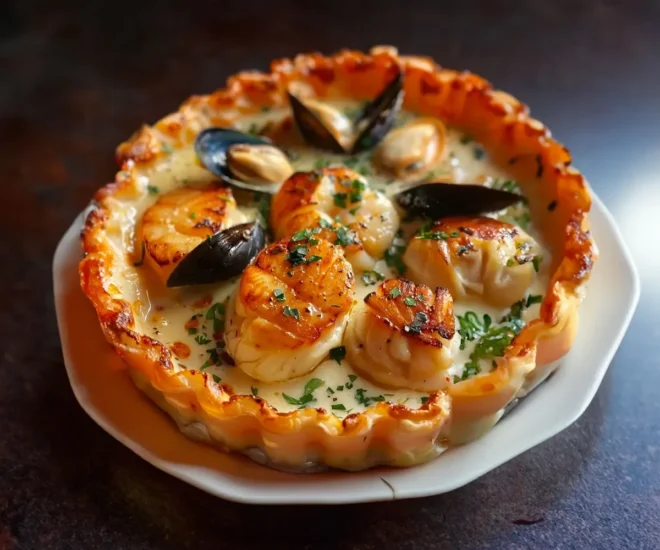 Feuilleté aux Saint-Jacques, Moules et Crevettes en Sauce Crémeuse