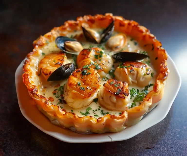 Feuilleté aux Saint-Jacques, Moules et Crevettes en Sauce Crémeuse