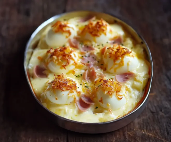 Gratin d’Œufs Durs au Poulet et Béchamel Fromagée
