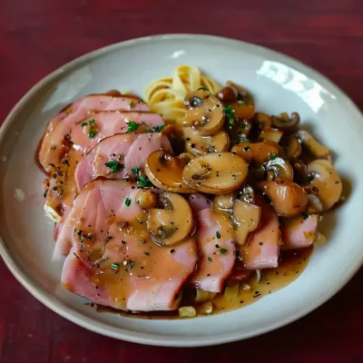 Jambon Sauce Madère aux Champignons et Tagliatelles