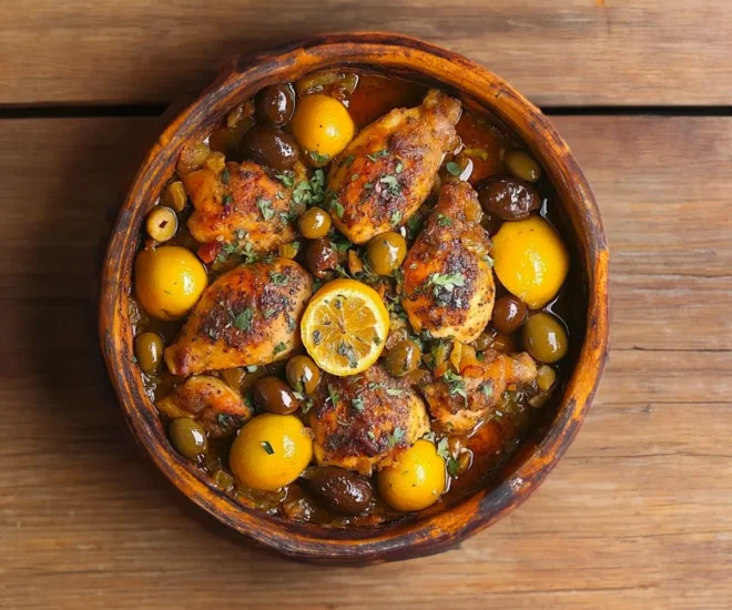 Tajine de poulet au citron confit et olives