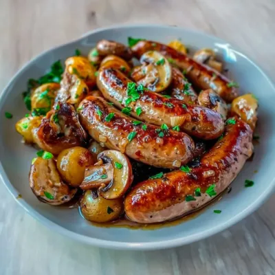 Saucisses, Pommes de Terre et Champignons Rôtis