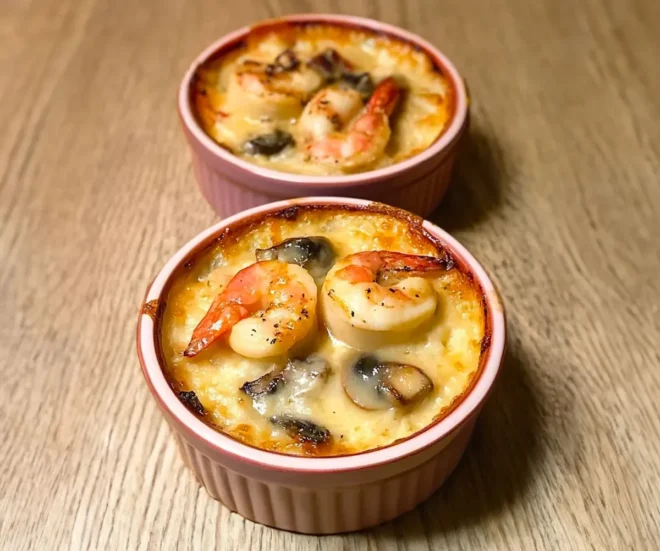 Cassolette de la Mer : Saint-Jacques, Champignons et Crevettes