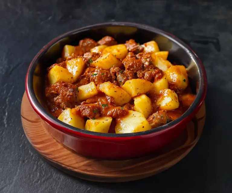 Pommes de Terre Rôties et Viande Hachée avec Sauce au Fromage Cheddar