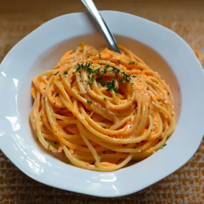Spaghetti à la crème de poivron rouge et mozzarella