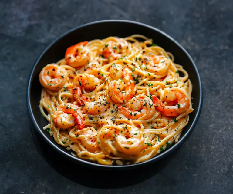 Spaghettis aux Crevettes et Sauce Crème Ail & Persil
