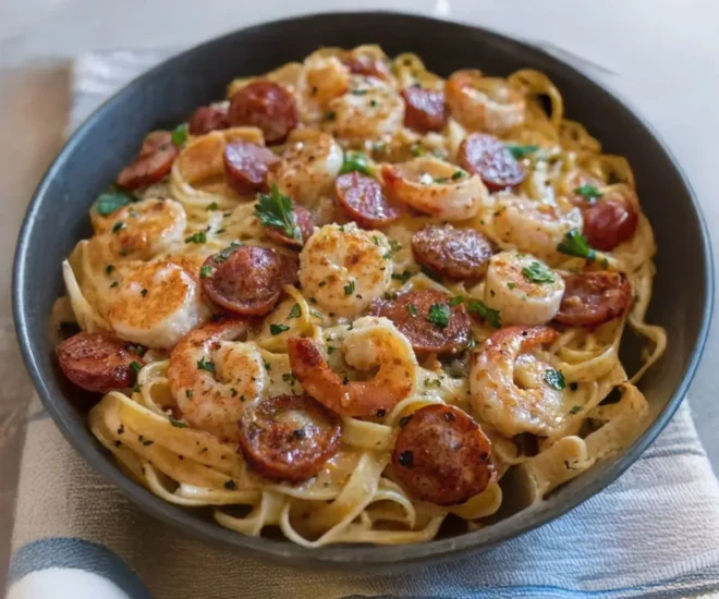 🌶️ Pâtes Alfredo Cajun aux Crevettes et à la Saucisse : Une Explosion de Saveurs !
