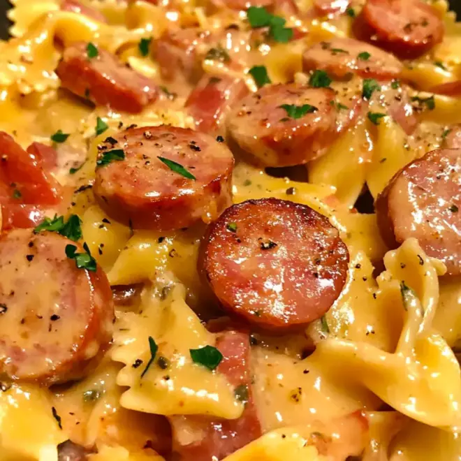 Pâtes Crémeuses à la Saucisse Fumée au Four