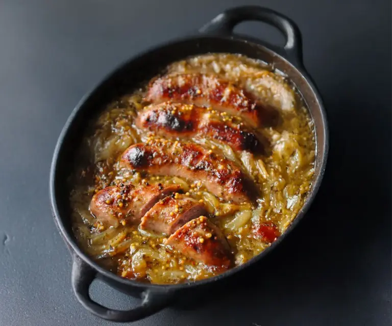 Biała kiełbasa rôtie au jus de pomme et moutarde à l’ancienne