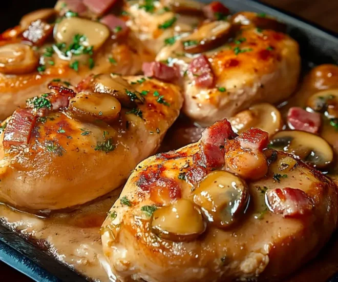 Émincés de Poulet à la Moutarde et Champignons, avec Lardons Gourmands