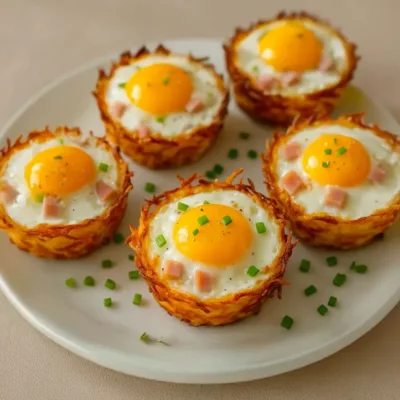 Nids de pommes de terre, œufs, jambon et fromage