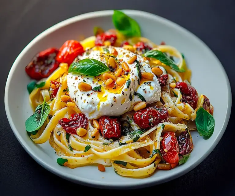 🌞 Pâtes au Soleil : Burrata Fondante, Tomates Confites & Pignons Dorés